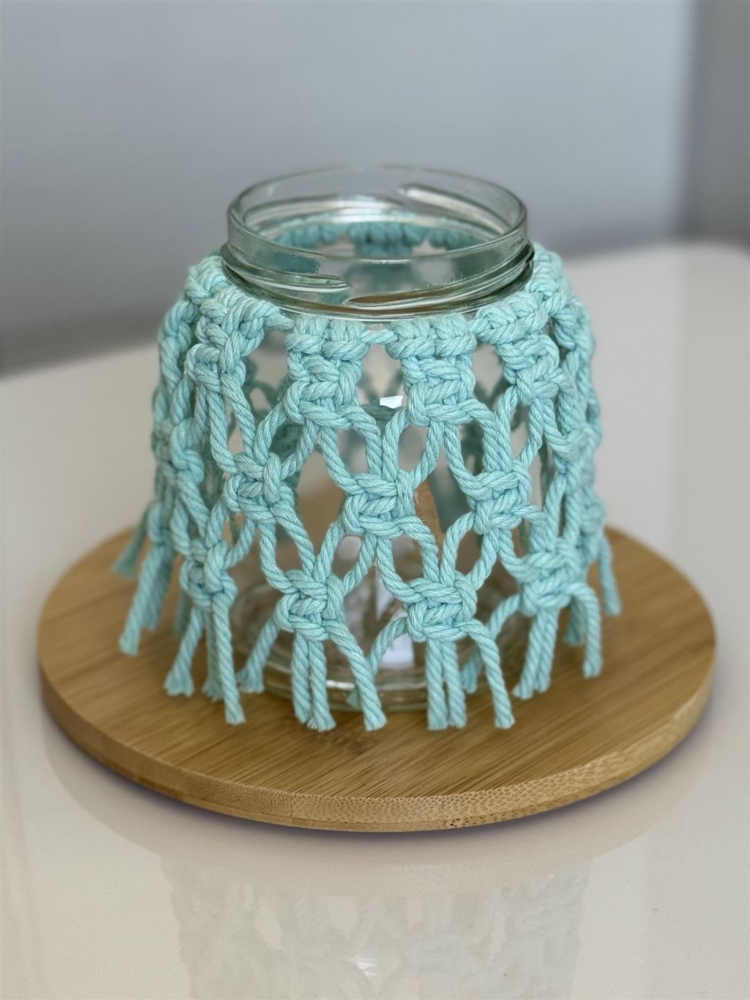 Windlicht Makramee in Pastellfarben